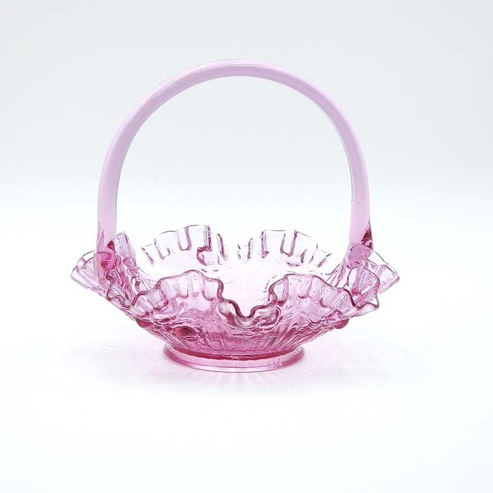 Fenton Dusty Rose Pink Glass Basket Ruffled Rose Pattern Vintage 1980s 7.5in